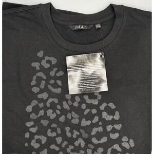 Women's Black Leopard Print Crewneck Lng Slv Sweatshirt IMAN Global Chic Size XS